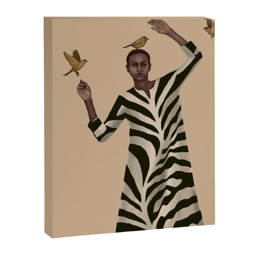 Woman with Birds and Zebra Pattern Dress Canvas Print Gallery Image 6