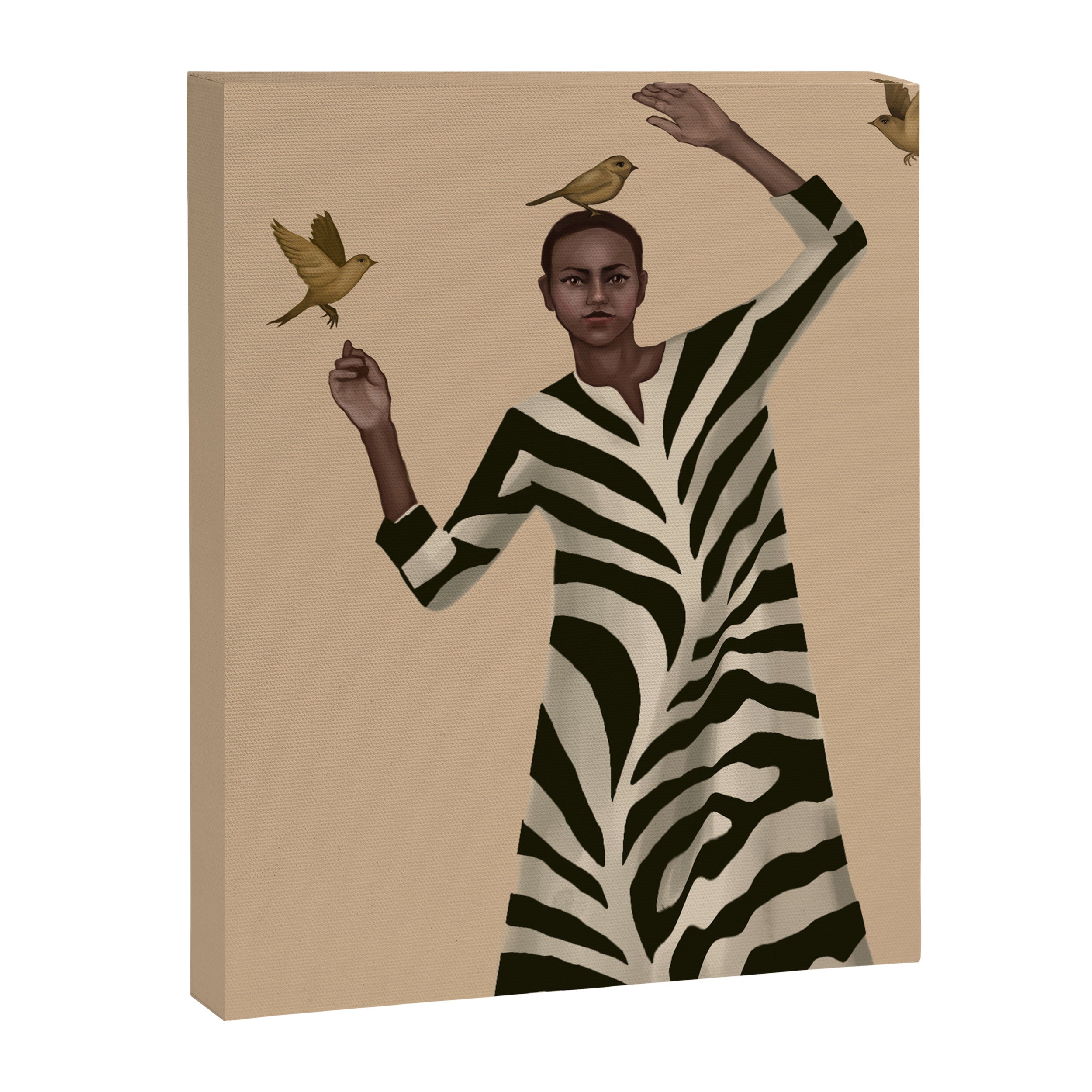 Woman with Birds and Zebra Pattern Dress Canvas Print Gallery Image 6