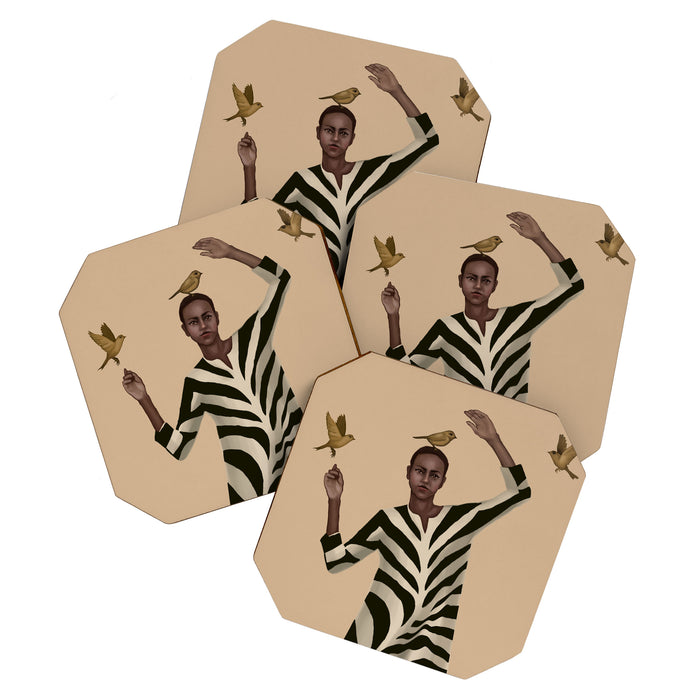Woman with Birds and Zebra Pattern Dress Coaster Gallery Image 1