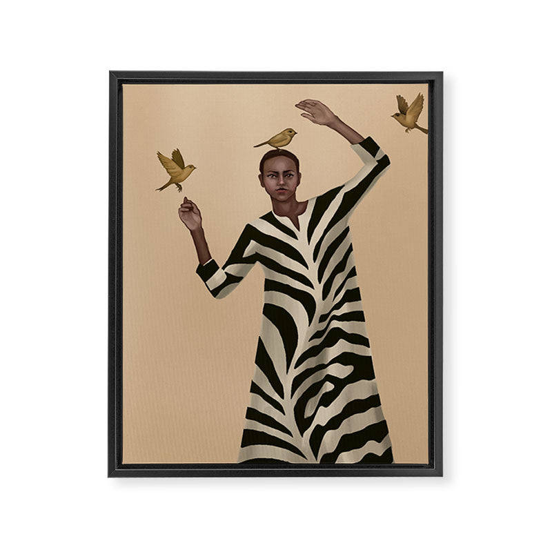 Woman with Birds and Zebra Pattern Dress Framed Canvas Print Gallery Image 6