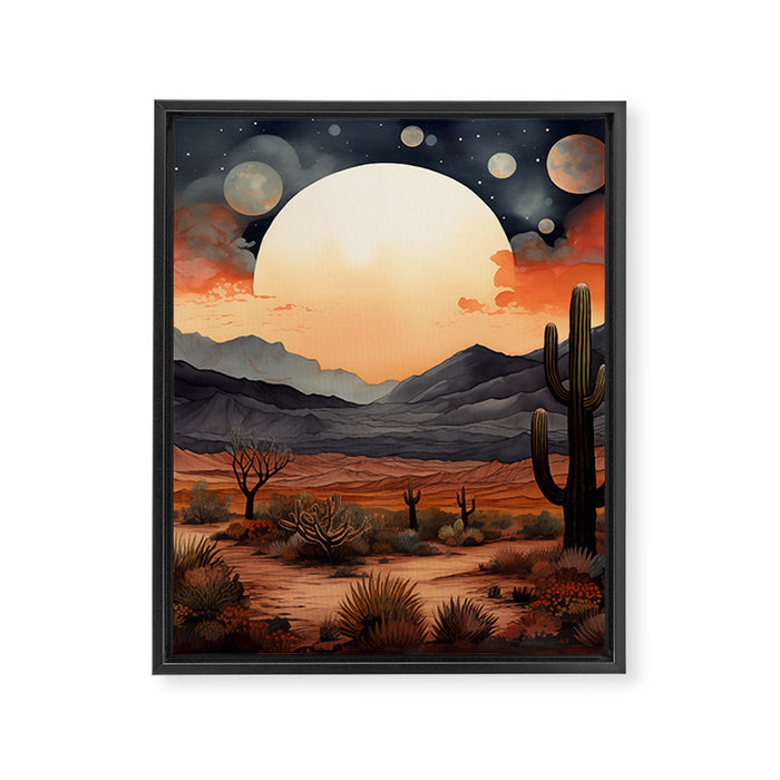 Desert Nights - Cactus Moon Illustration Framed Canvas Print Gallery Image 1