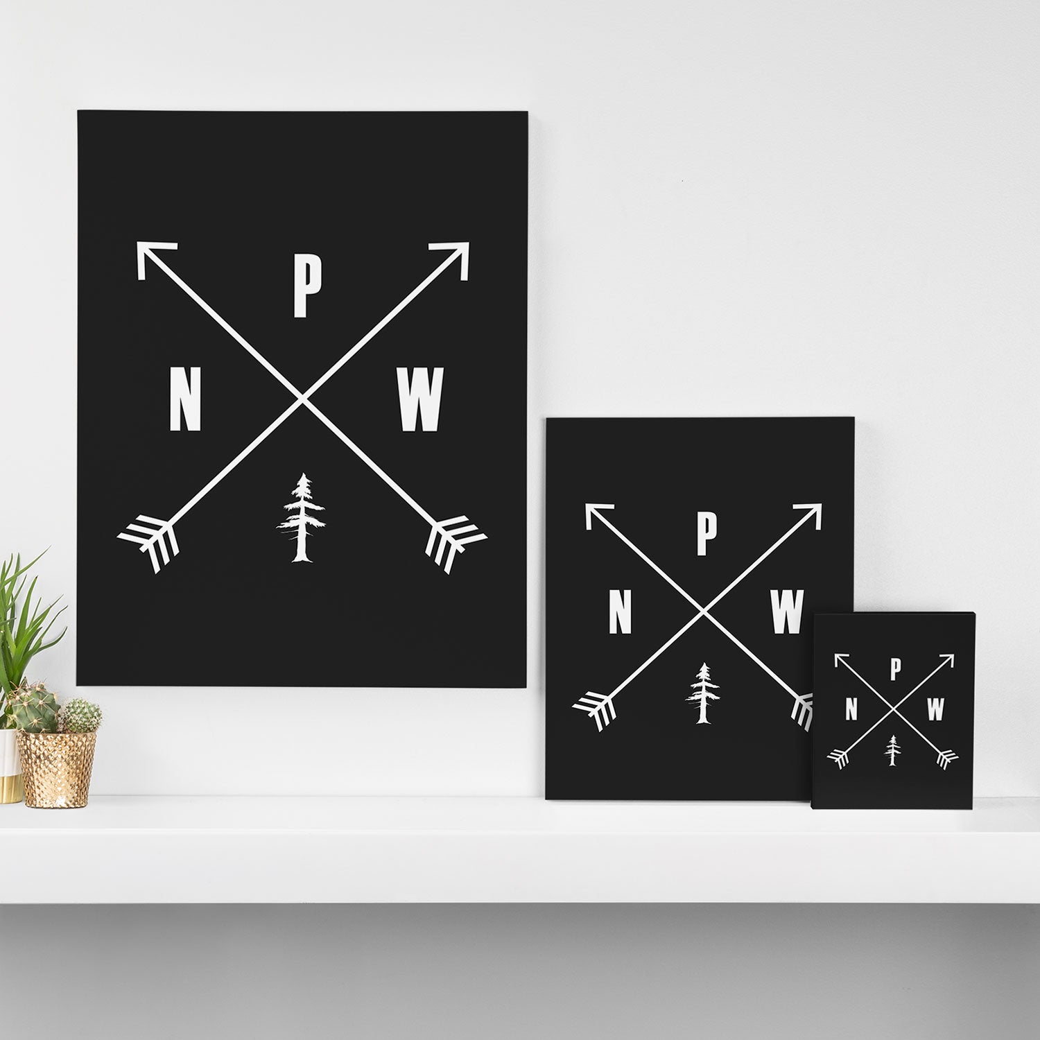 PNW Pacific Northwest Compass - White on Black Minimal Canvas Print Gallery Image 3