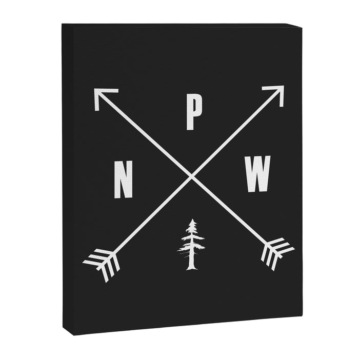 PNW Pacific Northwest Compass - White on Black Minimal Canvas Print Gallery Image 1
