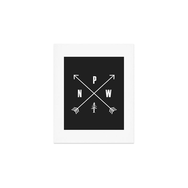 PNW Pacific Northwest Compass - White on Black Minimal Art Print Gallery Image 1