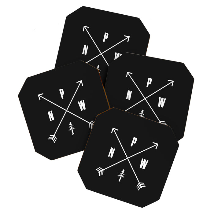 PNW Pacific Northwest Compass - White on Black Minimal Coaster Gallery Image 1