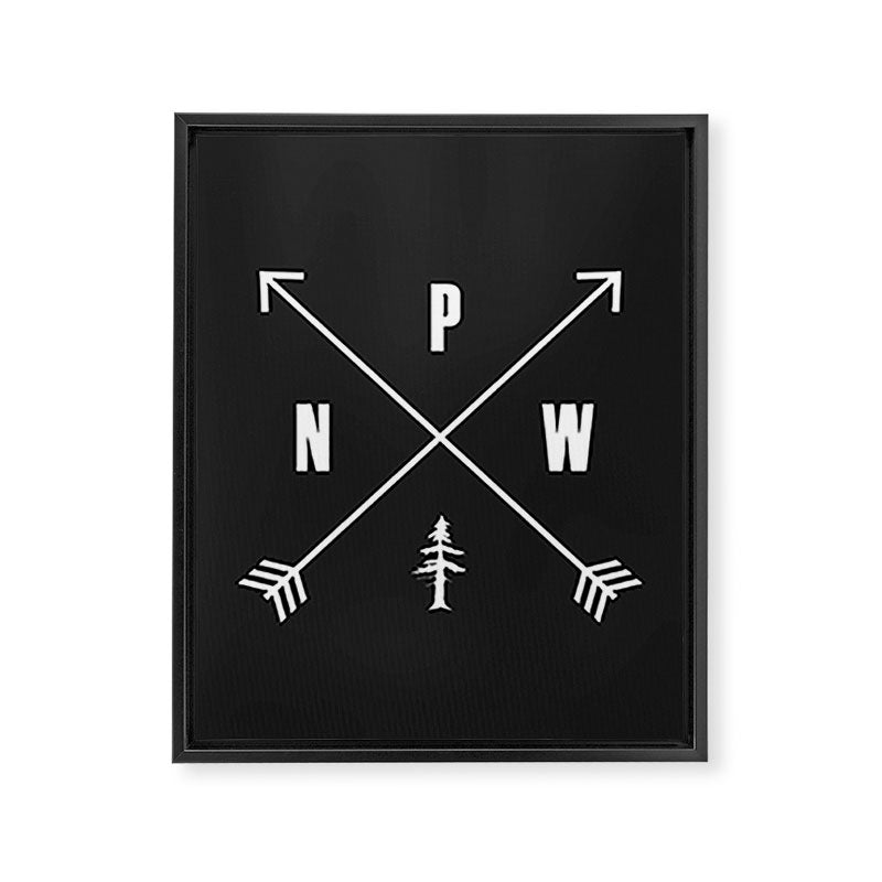 PNW Pacific Northwest Compass - White on Black Minimal Framed Canvas Print Gallery Image 3