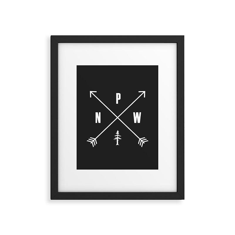 PNW Pacific Northwest Compass - White on Black Minimal Framed Art Print Gallery Image 6