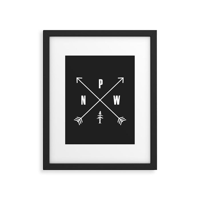PNW Pacific Northwest Compass - White on Black Minimal Framed Art Print Gallery Image 1