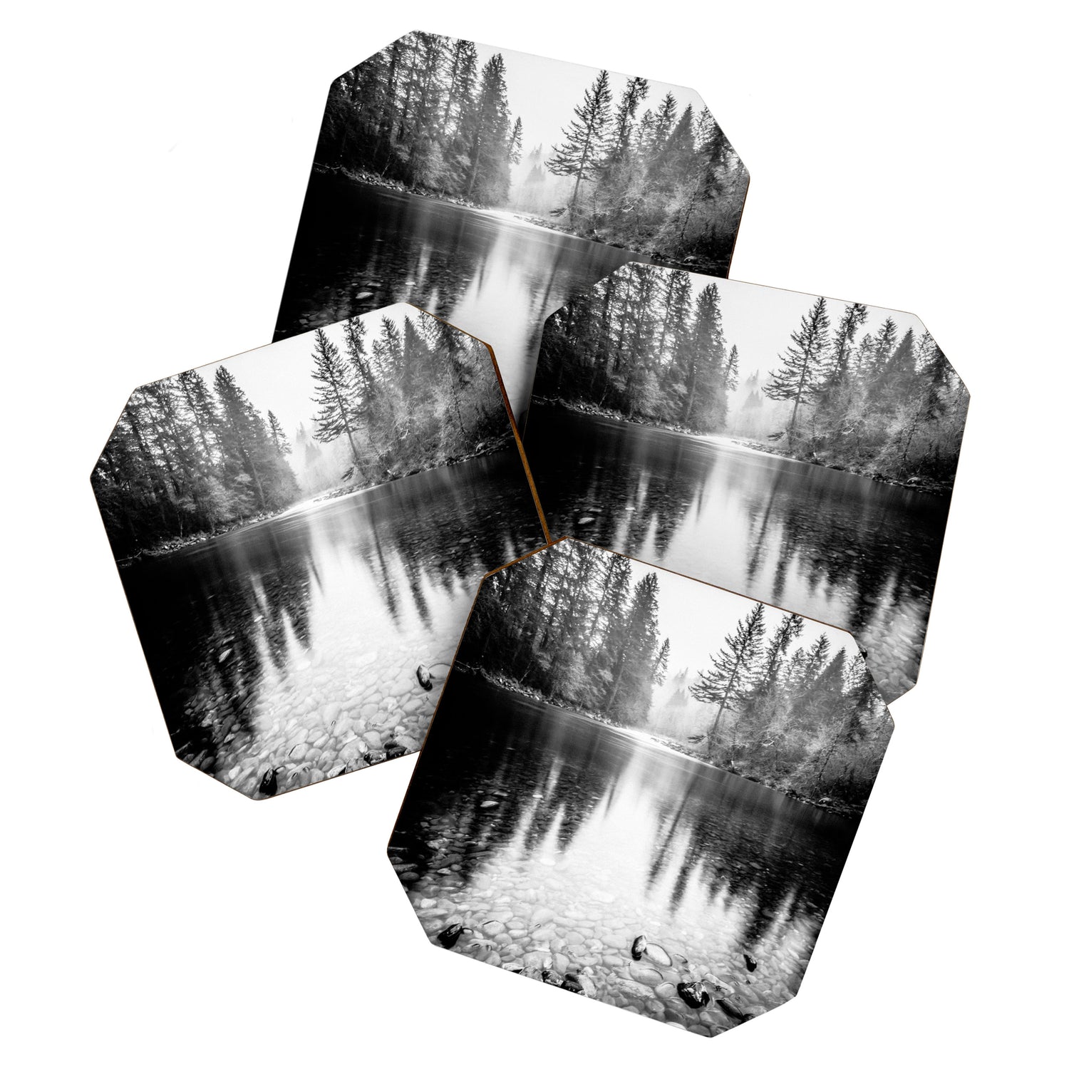 Forest Reflection Lake - Black and White  - Nature Photography Coaster Gallery Image 1