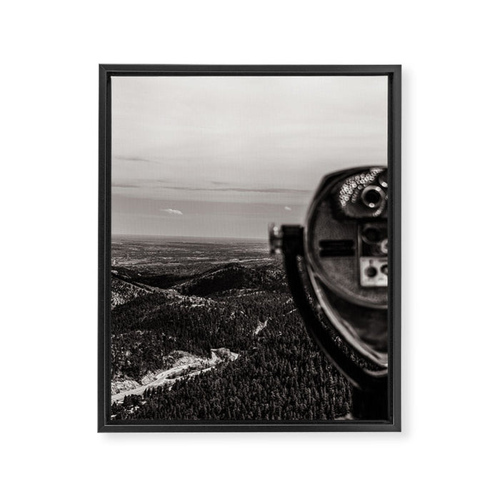Mountain Tourist Binoculars Black and White Framed Canvas Print Gallery Image 1