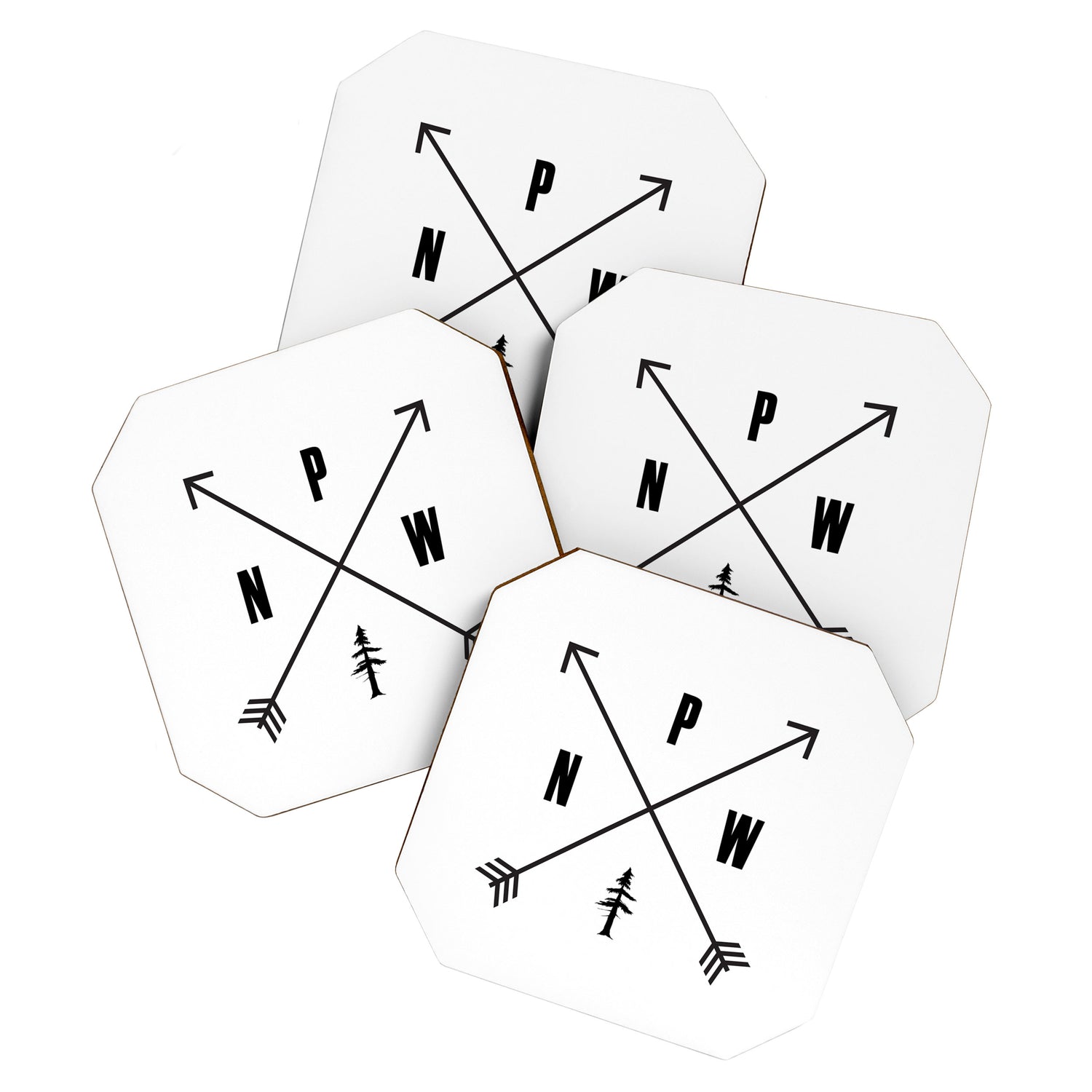 PNW Pacific Northwest Compass - Black on White Minimal Coaster Gallery Image 1