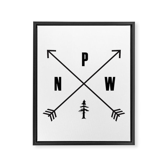 PNW Pacific Northwest Compass - Black on White Minimal Framed Canvas Print Gallery Image 1