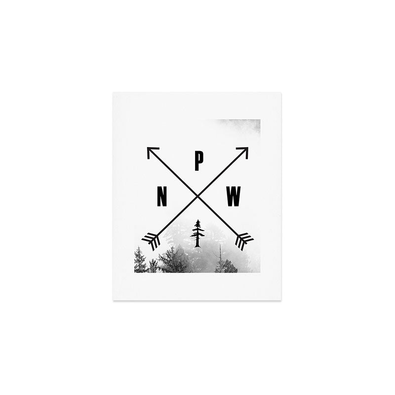 PNW Pacific Northwest Compass - Black and White Forest Art Print Gallery Image 1