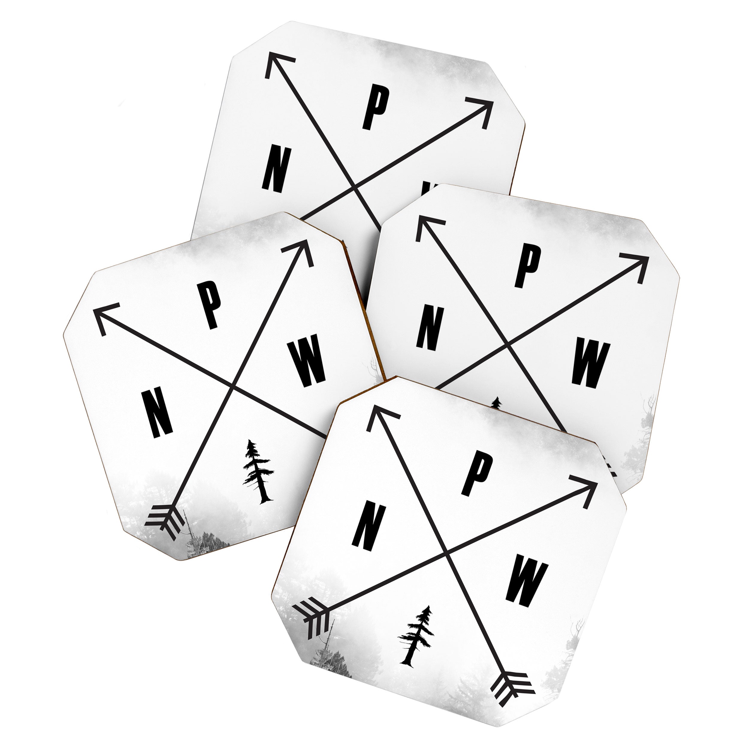 PNW Pacific Northwest Compass - Black and White Forest Coaster Gallery Image 1