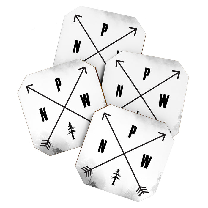 PNW Pacific Northwest Compass - Black and White Forest Coaster Gallery Image 1