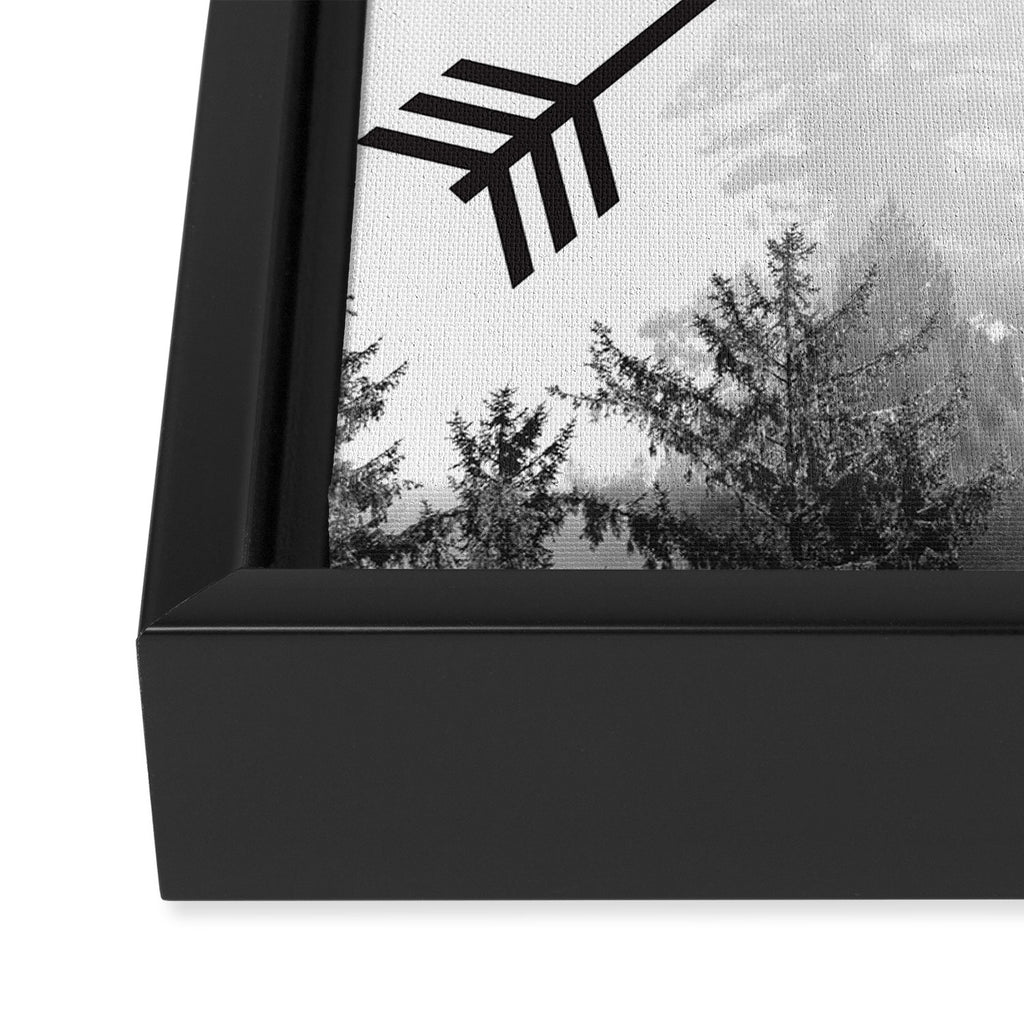 PNW Pacific Northwest Compass - Black and White Forest Framed Canvas Print Gallery Image 3