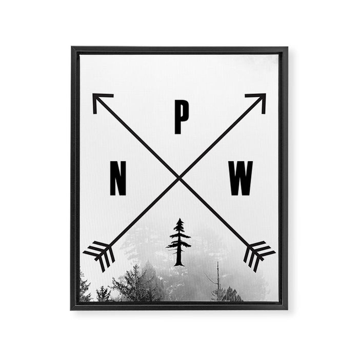 PNW Pacific Northwest Compass - Black and White Forest Framed Canvas Print Gallery Image 1