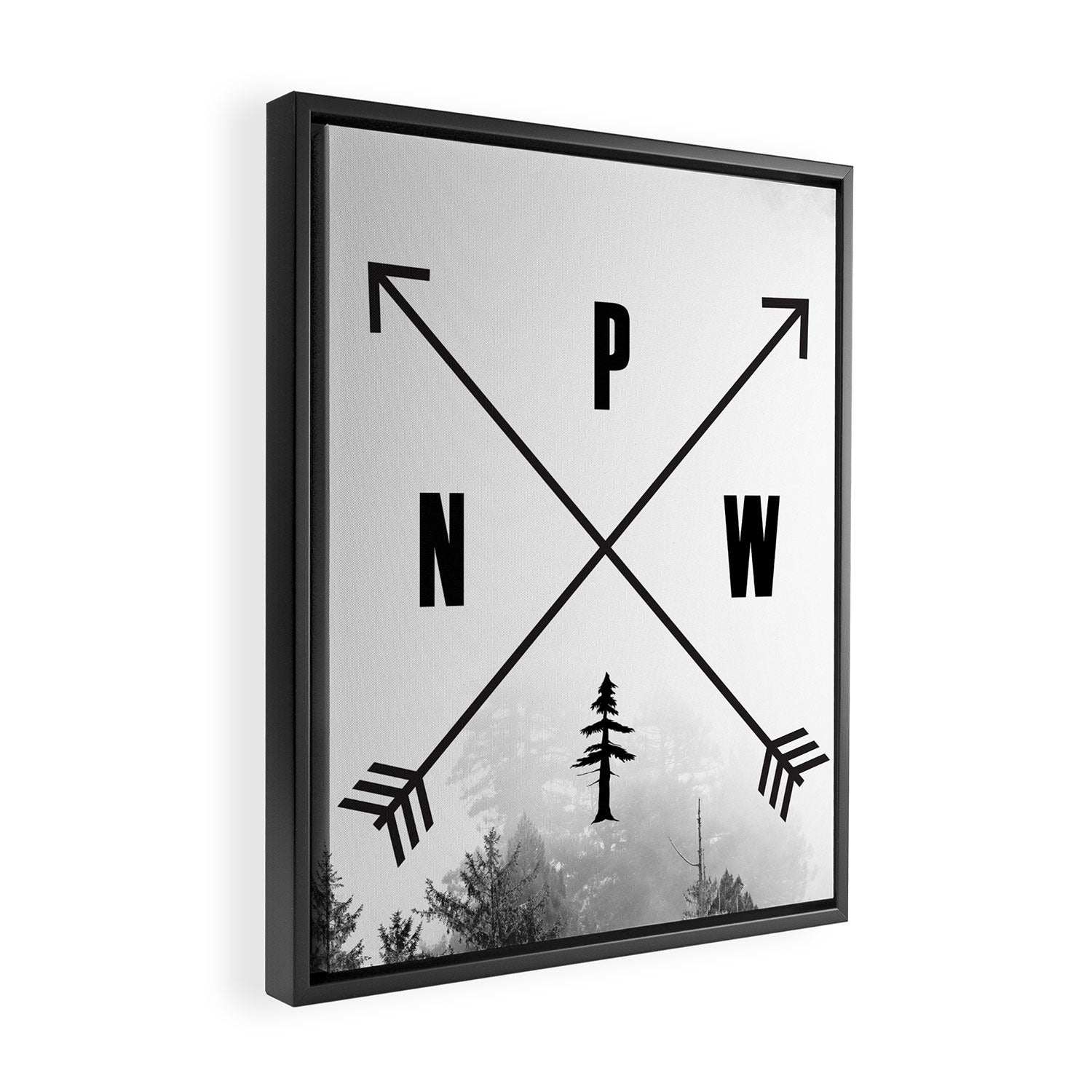 PNW Pacific Northwest Compass - Black and White Forest Framed Canvas Print Gallery Image 2