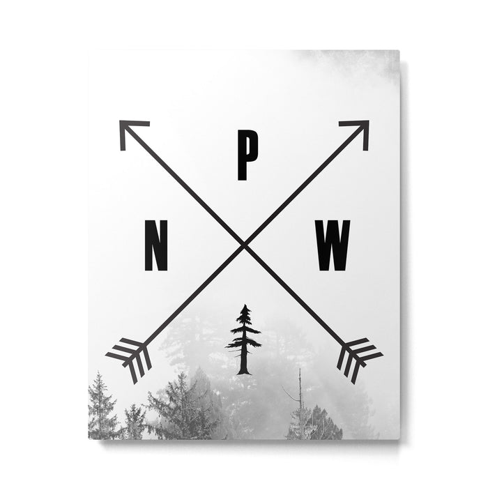 PNW Pacific Northwest Compass - Black and White Forest Metal Print Gallery Image 1