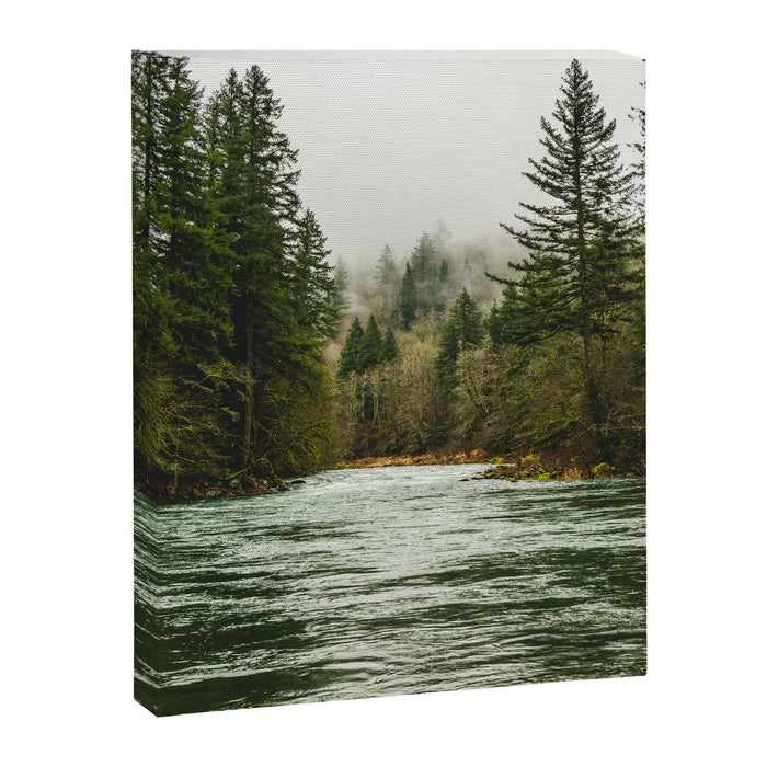 Wanderlust Forest River - Mountain Adventure in Foggy Woods Canvas Print Gallery Image 1