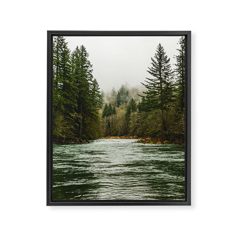 Wanderlust Forest River - Mountain Adventure in Foggy Woods Framed Canvas Print Gallery Image 6