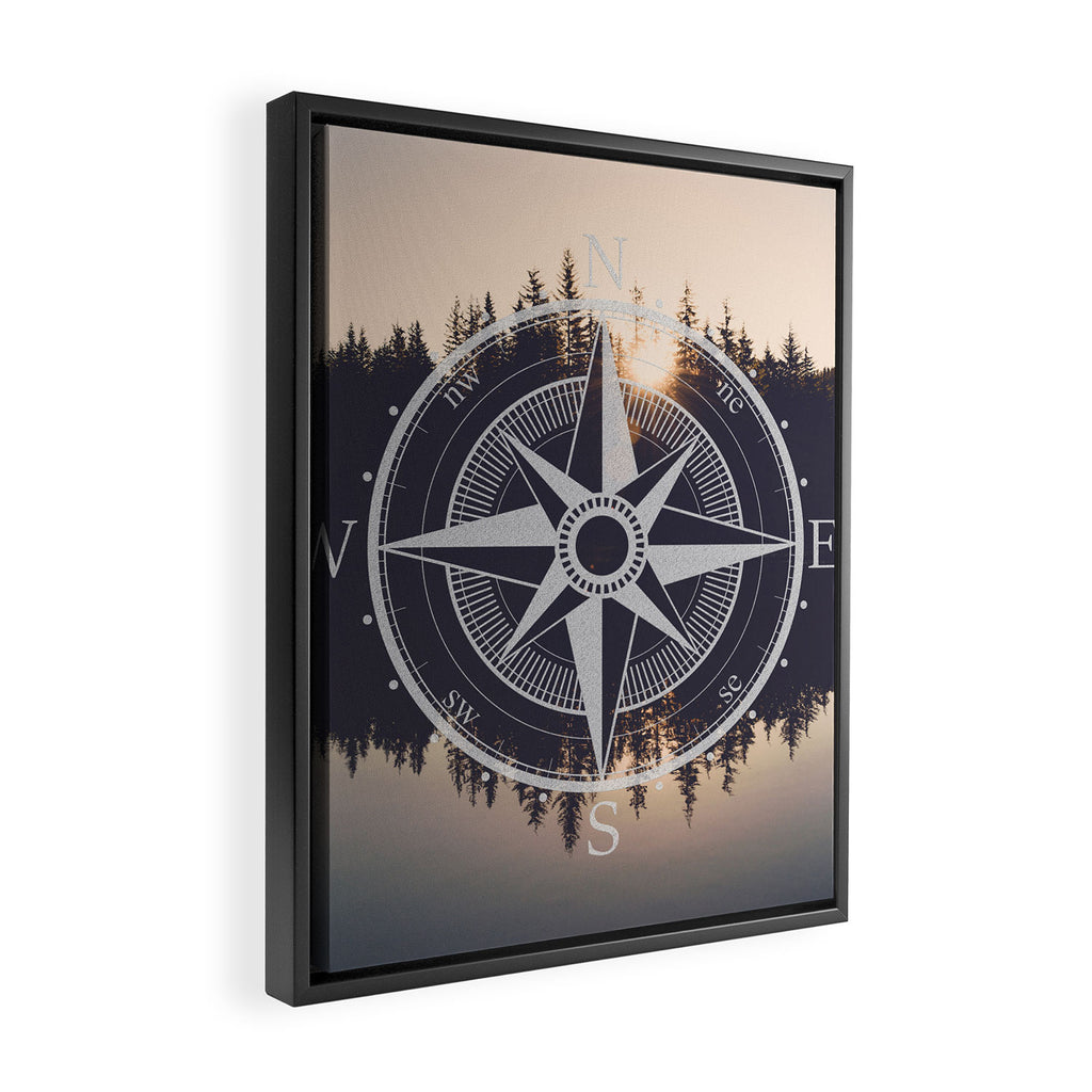 Wooded Lake Reflection Compass Framed Canvas Print Gallery Image 2