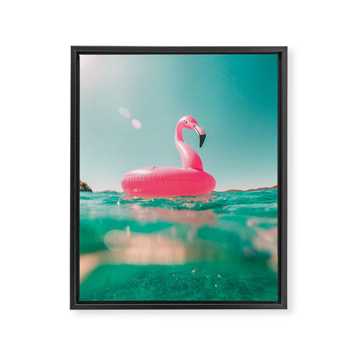 Tropical Summer Ocean, Pink Flamingo Pool Float Framed Canvas Print Gallery Image 1