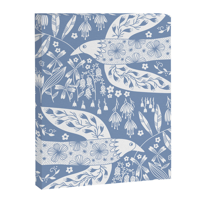 Doves and Flowers Bird Art White on Blue Canvas Print Gallery Image 1