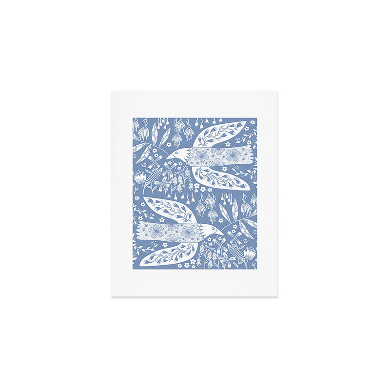 Doves and Flowers Bird Art White on Blue Art Print Gallery Image 1