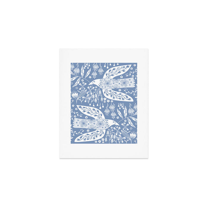 Doves and Flowers Bird Art White on Blue Art Print Gallery Image 1