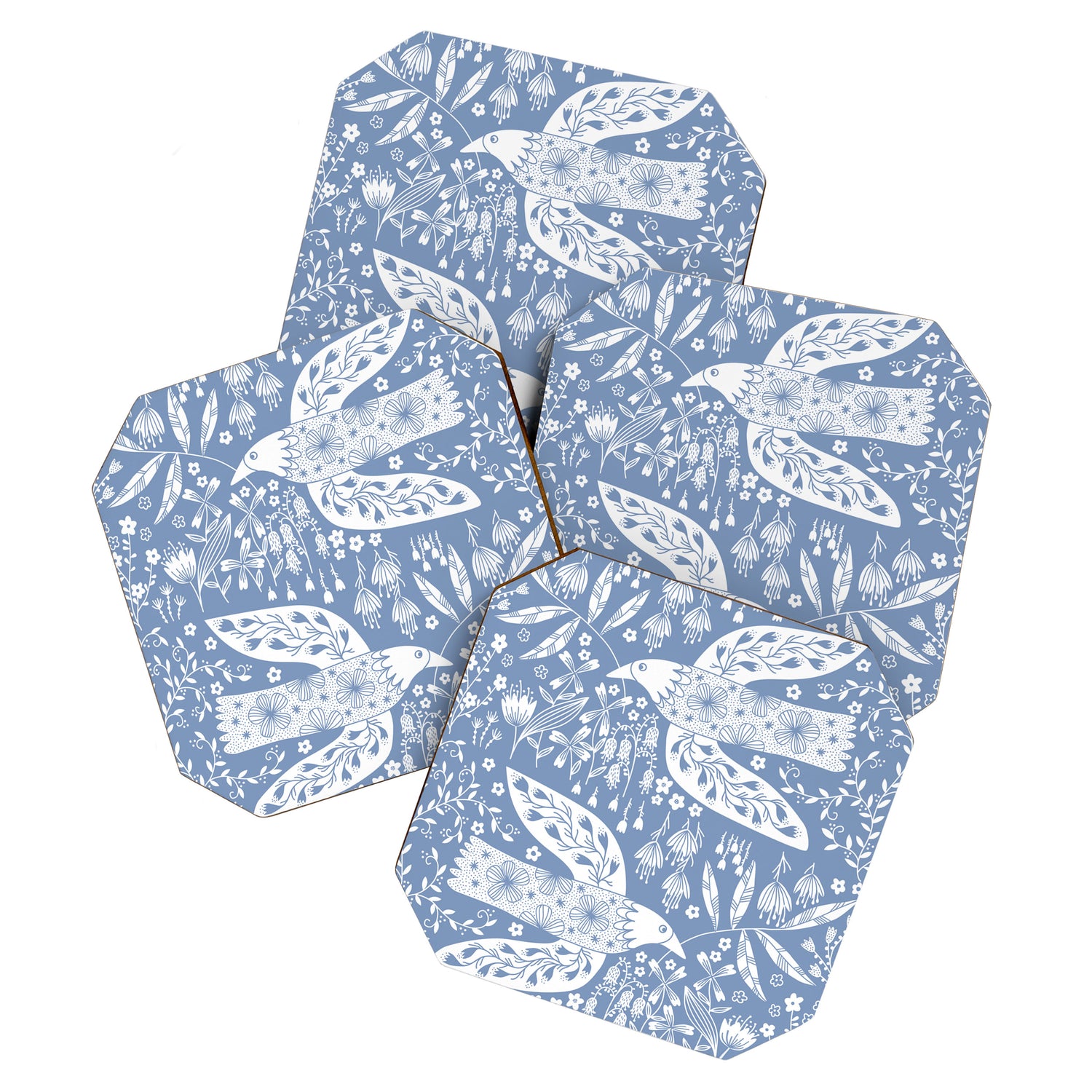 Doves and Flowers Bird Art White on Blue Coaster Gallery Image 1