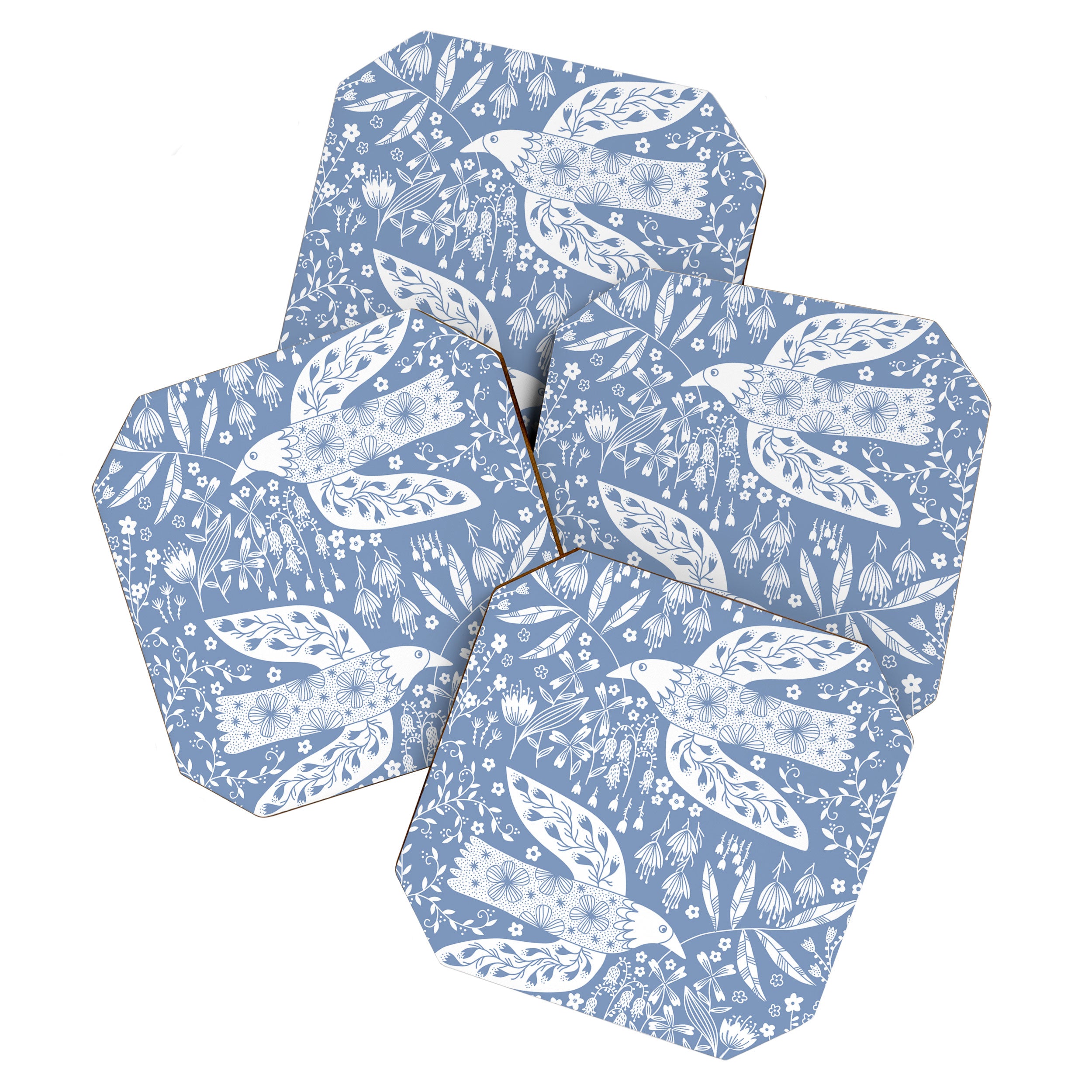 Doves and Flowers Bird Art White on Blue Coaster Gallery Image 1