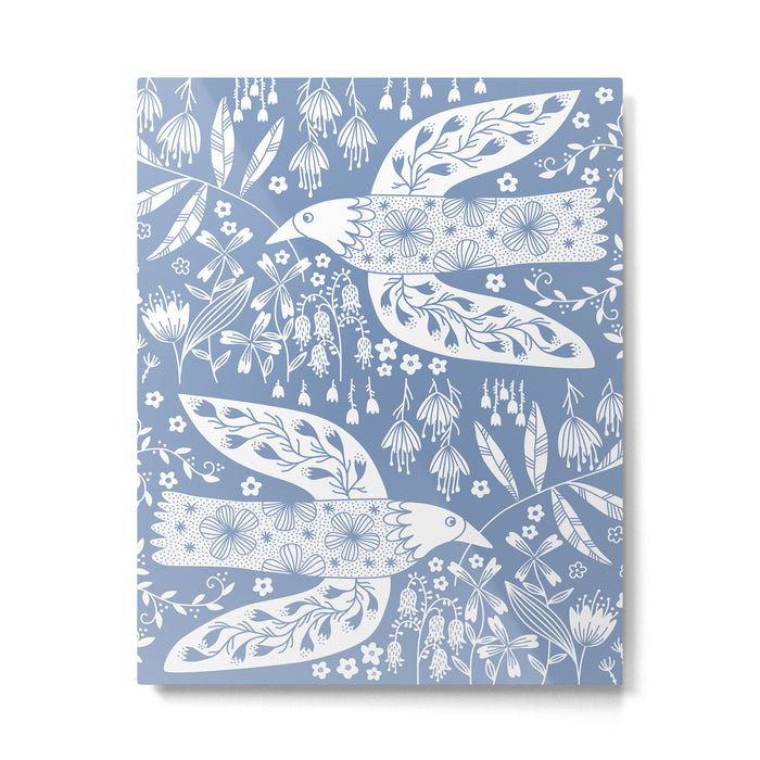Doves and Flowers Bird Art White on Blue Metal Print Gallery Image 1