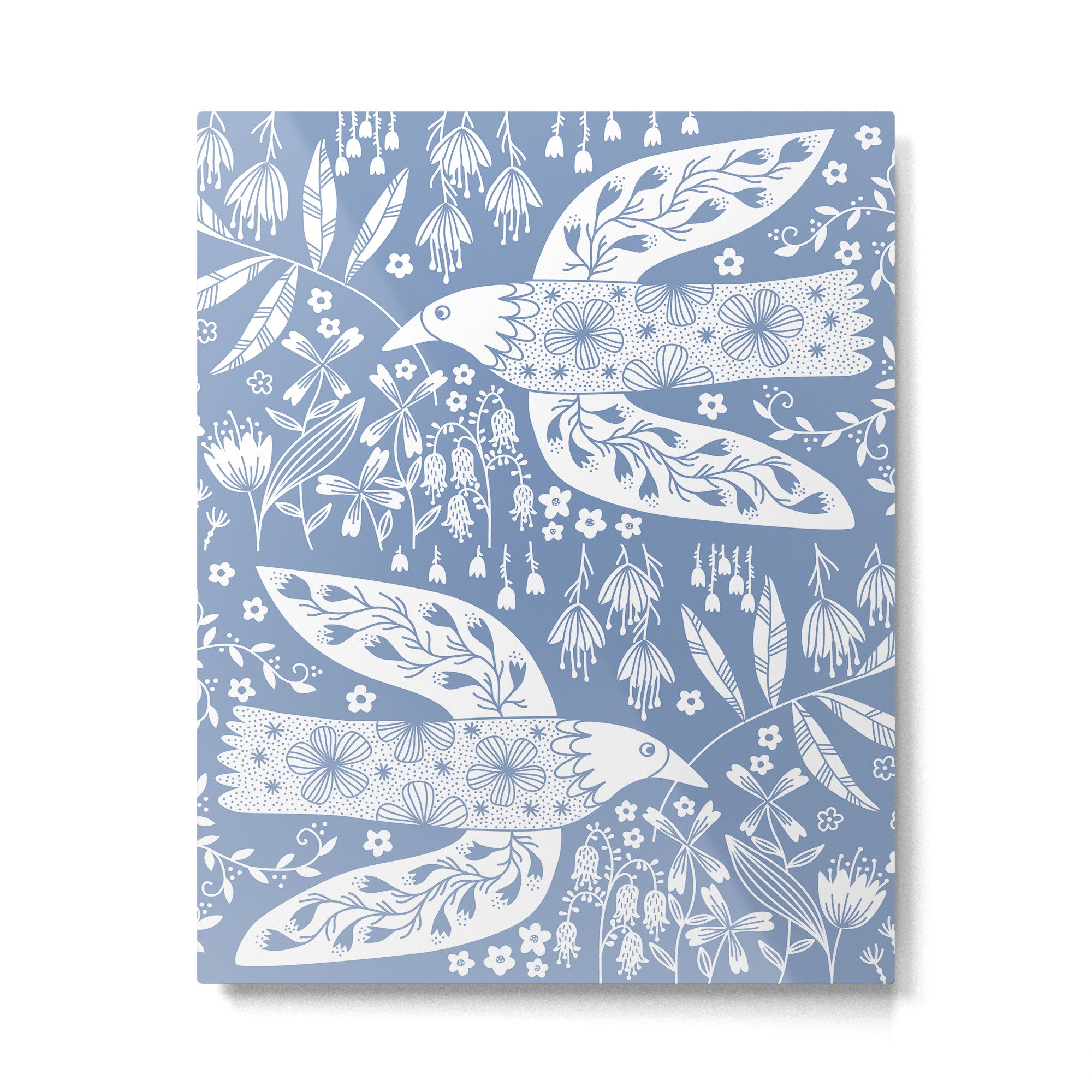 Doves and Flowers Bird Art White on Blue Metal Print Gallery Image 6