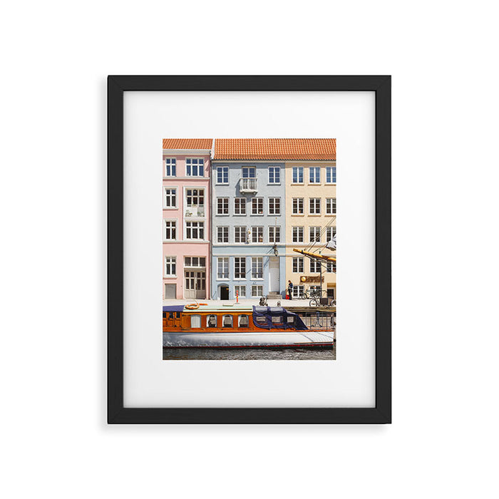 Copenhagen Pastel Nyhavn houses and boat | Scandi | Scandinavia Framed Art Print Gallery Image 1