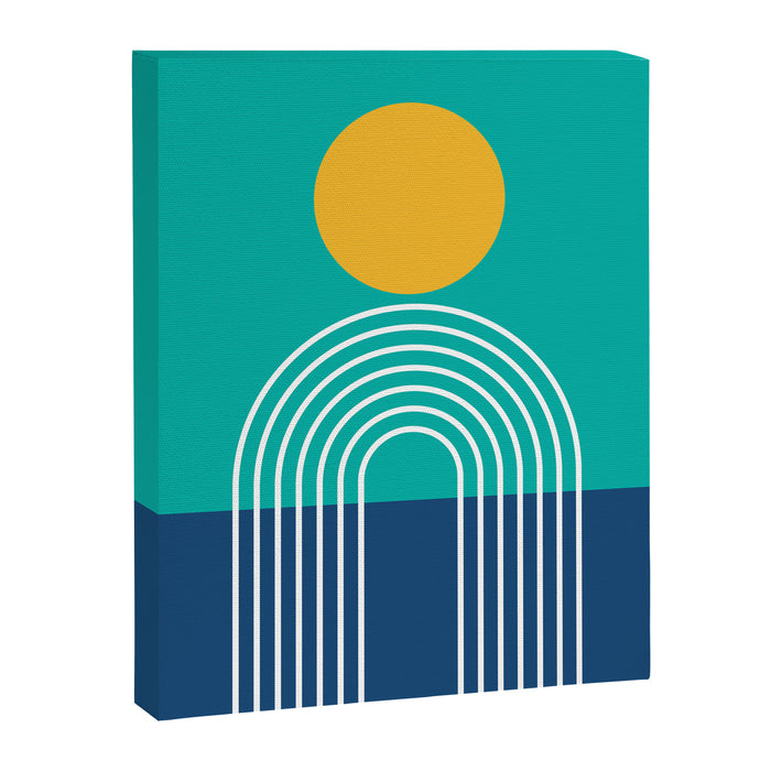 Geometric Lines in Blue Teal Yellow (Sun and Rainbow abstraction) Canvas Print Gallery Image 1