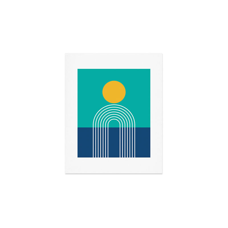Geometric Lines in Blue Teal Yellow (Sun and Rainbow abstraction) Art Print Gallery Image 1