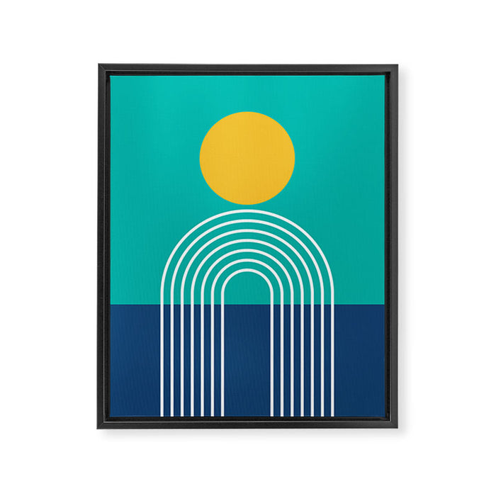 Geometric Lines in Blue Teal Yellow (Sun and Rainbow abstraction) Framed Canvas Print Gallery Image 1