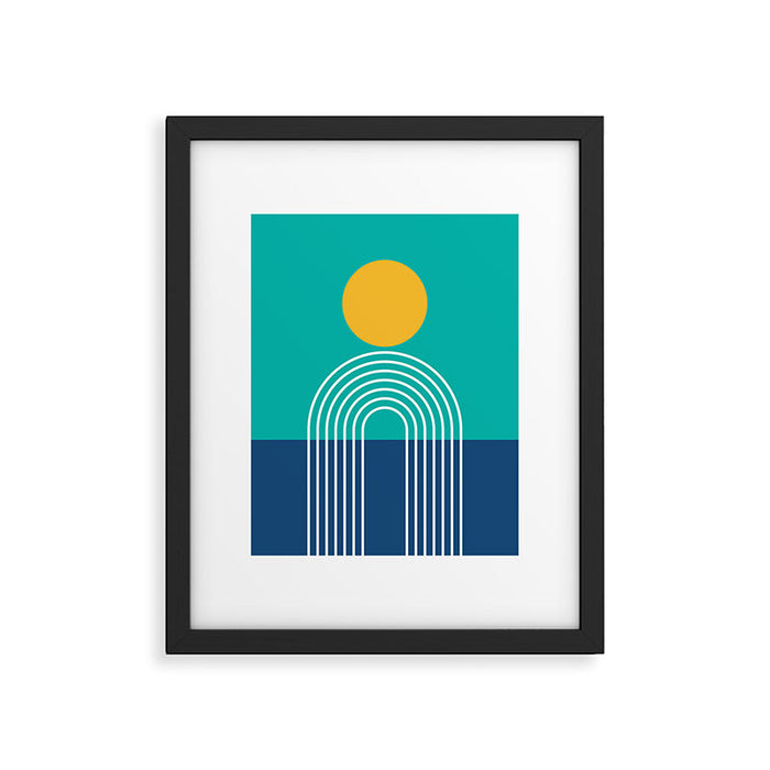 Geometric Lines in Blue Teal Yellow (Sun and Rainbow abstraction) Framed Art Print Gallery Image 1