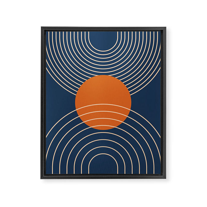 Geometric Lines in Orange and Navy Blue 2 (Sun and Rainbow Abstract) Framed Canvas Print Gallery Image 1