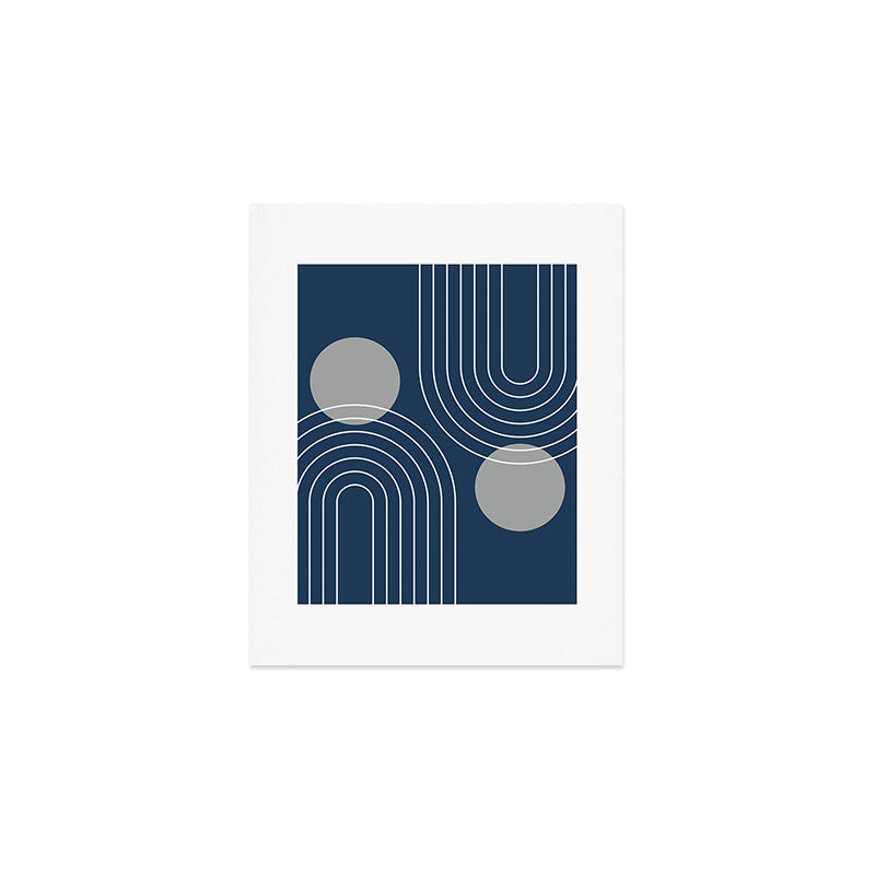 Mid Century Modern Geometric 106 in Navy Blue and Grey (Rainbow and Sun Abstraction) Art Print Gallery Image 1