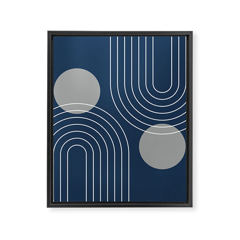 Mid Century Modern Geometric 106 in Navy Blue and Grey (Rainbow and Sun Abstraction) Framed Canvas Print Gallery Image 8