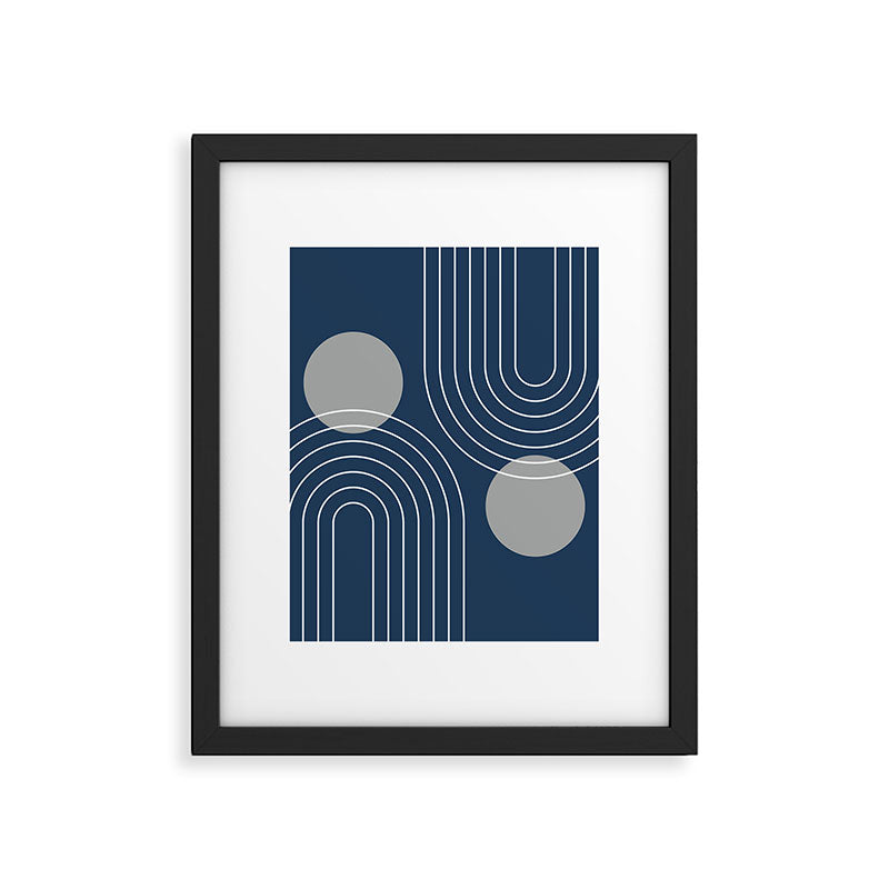 Mid Century Modern Geometric 106 in Navy Blue and Grey (Rainbow and Sun Abstraction) Framed Art Print Gallery Image 6
