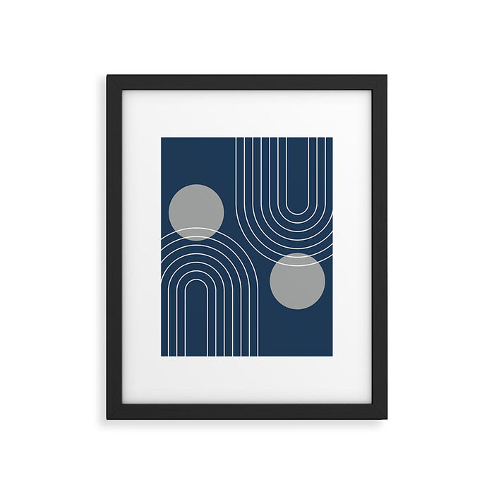 Mid Century Modern Geometric 106 in Navy Blue and Grey (Rainbow and Sun Abstraction) Framed Art Print Gallery Image 1