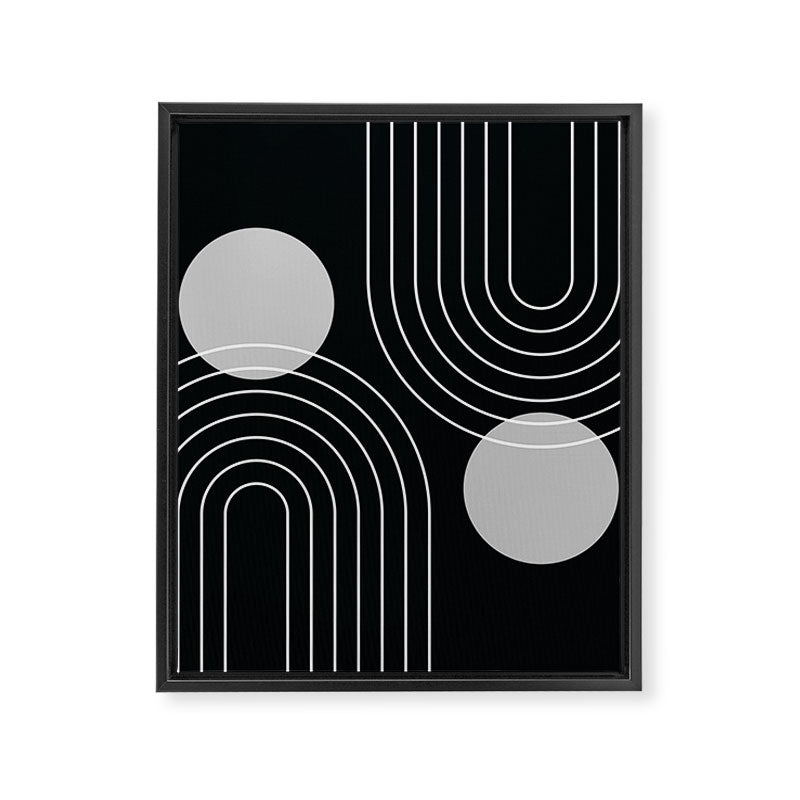 Mid Century Modern Geometric 109 in Black and White (Rainbow and Sun Abstraction) Framed Canvas Print Gallery Image 8