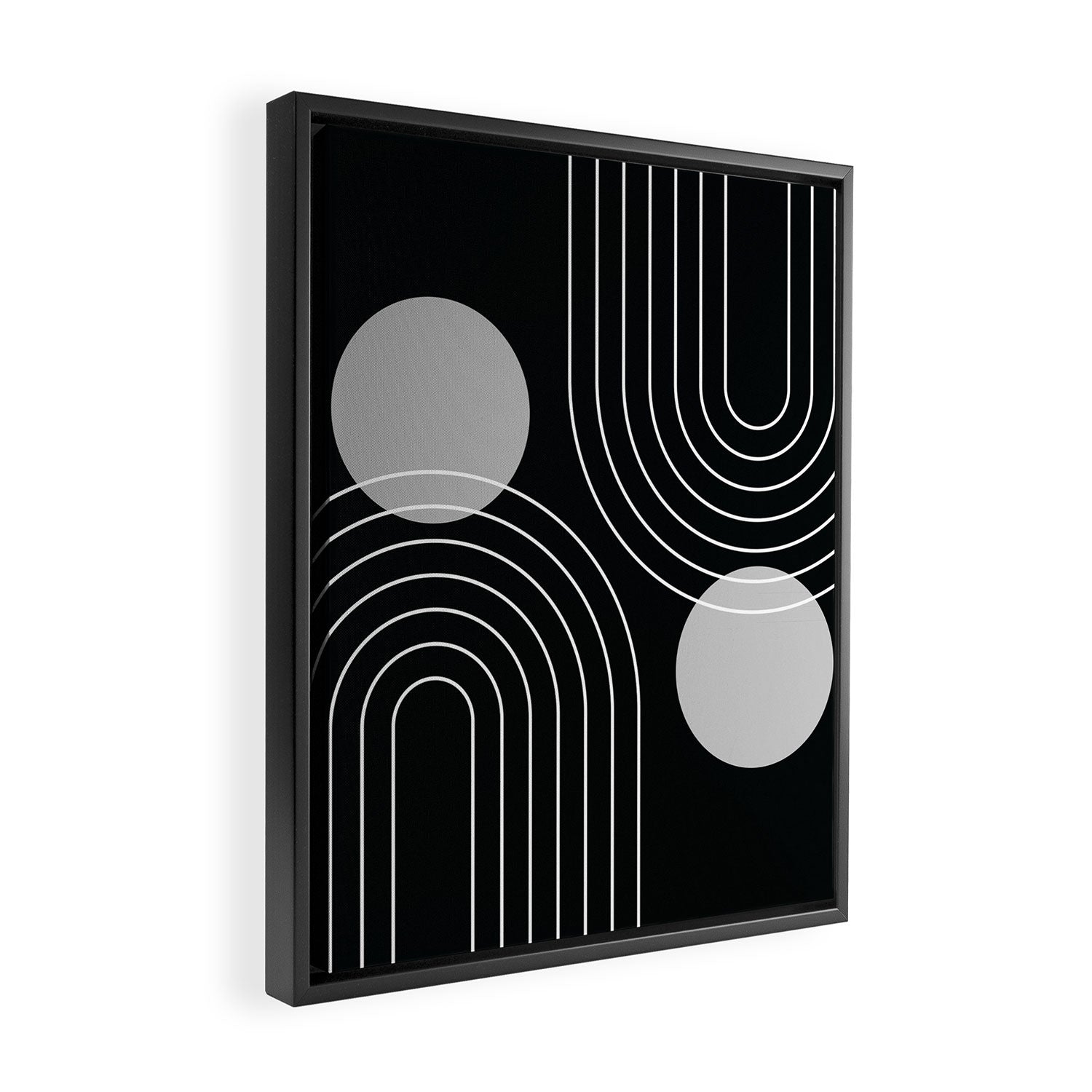 Mid Century Modern Geometric 109 in Black and White (Rainbow and Sun Abstraction) Framed Canvas Print Gallery Image 2