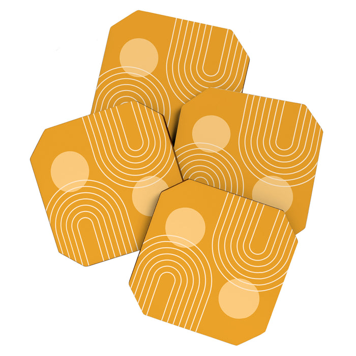 Mid Century Modern Geometric 118 in Yellow Gold Shades (Rainbow and Sun Abstraction) Coaster Gallery Image 1