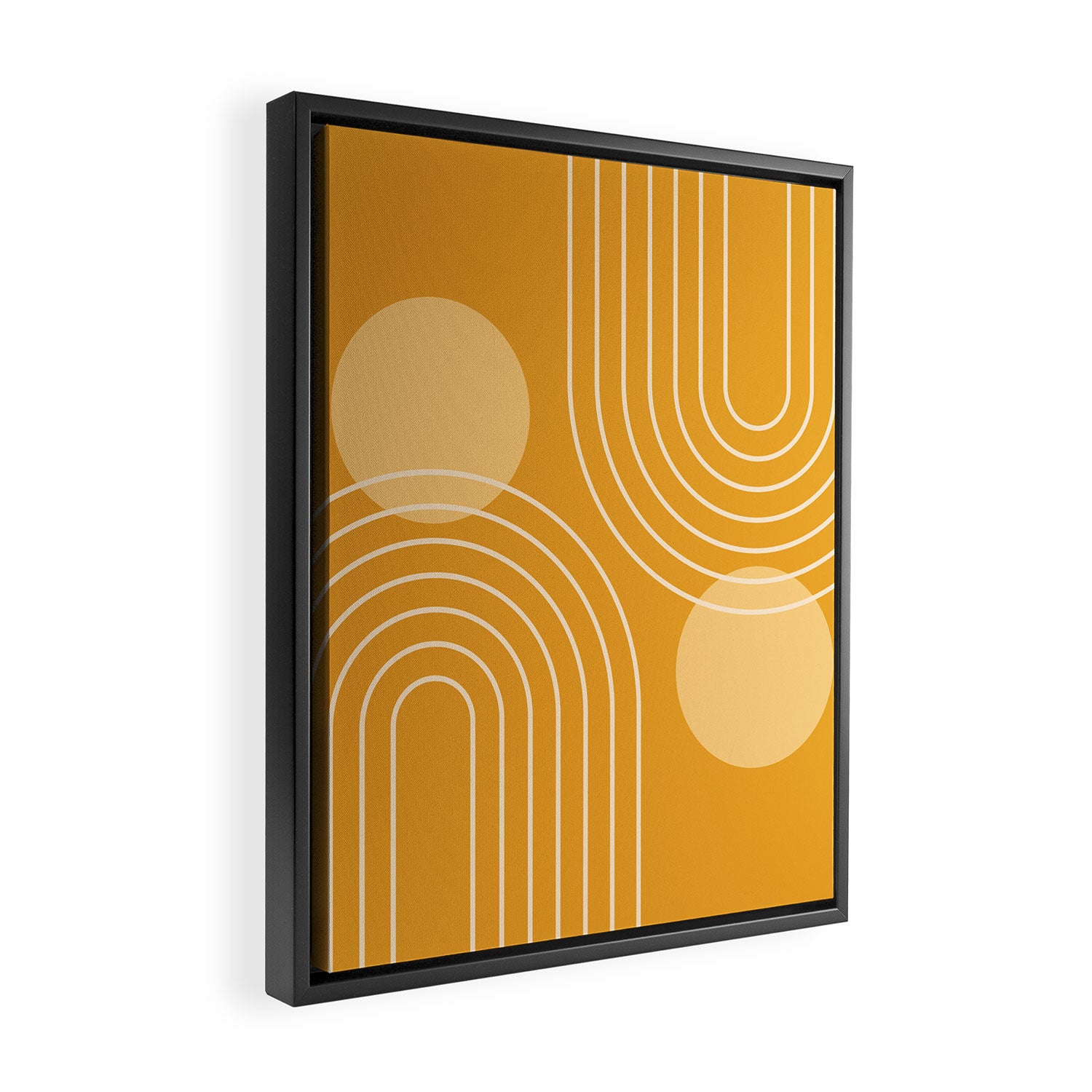 Mid Century Modern Geometric 118 in Yellow Gold Shades (Rainbow and Sun Abstraction) Framed Canvas Print Gallery Image 2