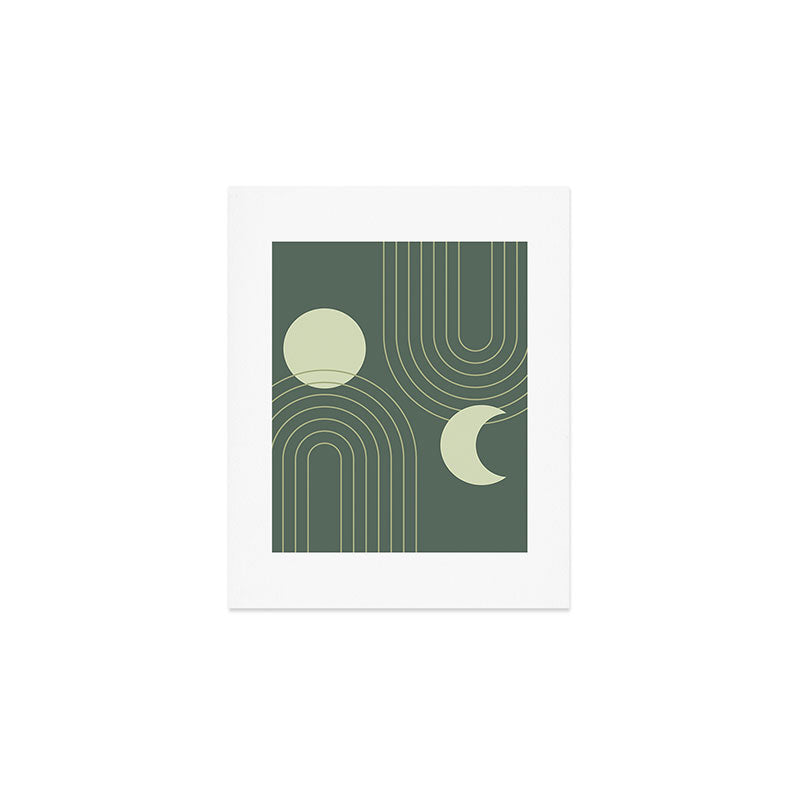 Mid Century Modern Geometric 126 in Forest Green Shades (Rainbow and Sun Abstraction) Art Print Gallery Image 1