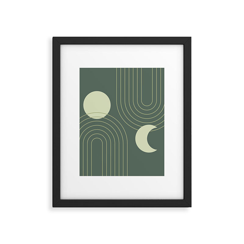 Mid Century Modern Geometric 126 in Forest Green Shades (Rainbow and Sun Abstraction) Framed Art Print Gallery Image 6